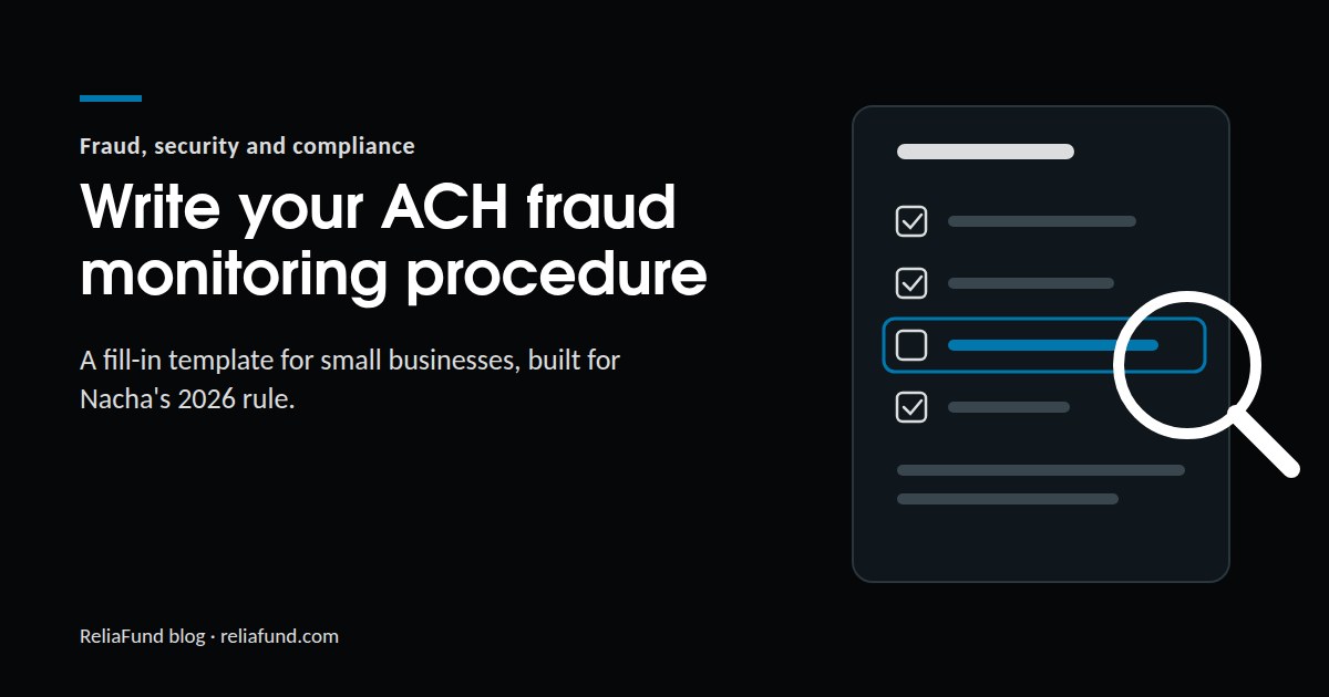 Checklist graphic with a magnifying glass over one unchecked item, titled Write your ACH fraud monitoring procedure